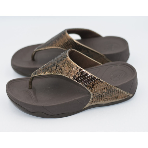 FitFlop ELECTRA Brown Bronze Sequin Flip Flop Sandals Women's Size 5 NICE - Picture 2 of 7